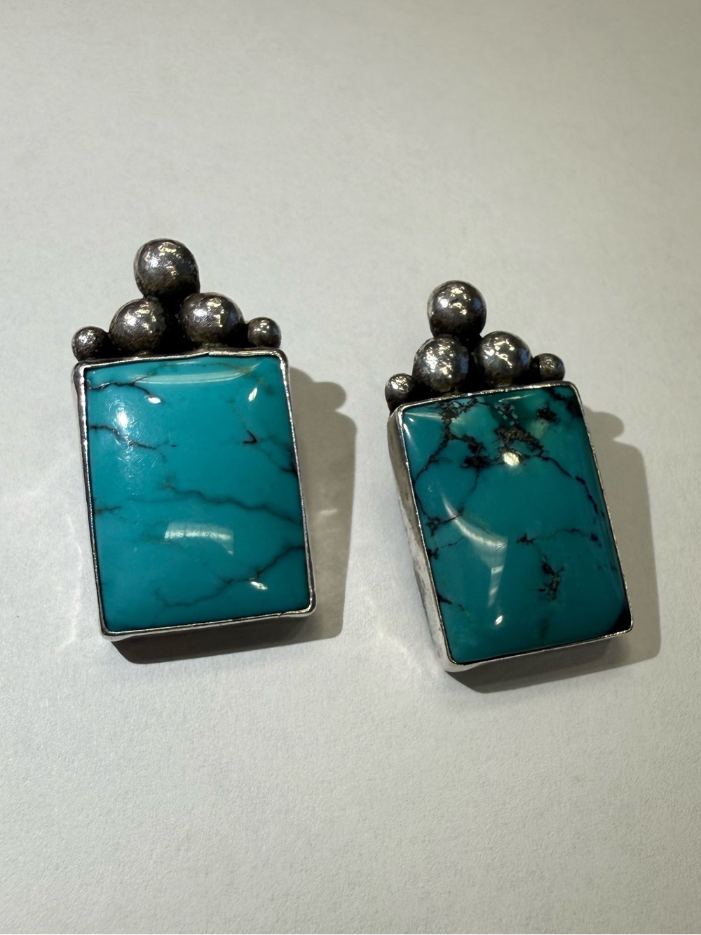Vintage Turquoise Stone Sterling Silver Rectangle Stud Earrings - Turquoise
